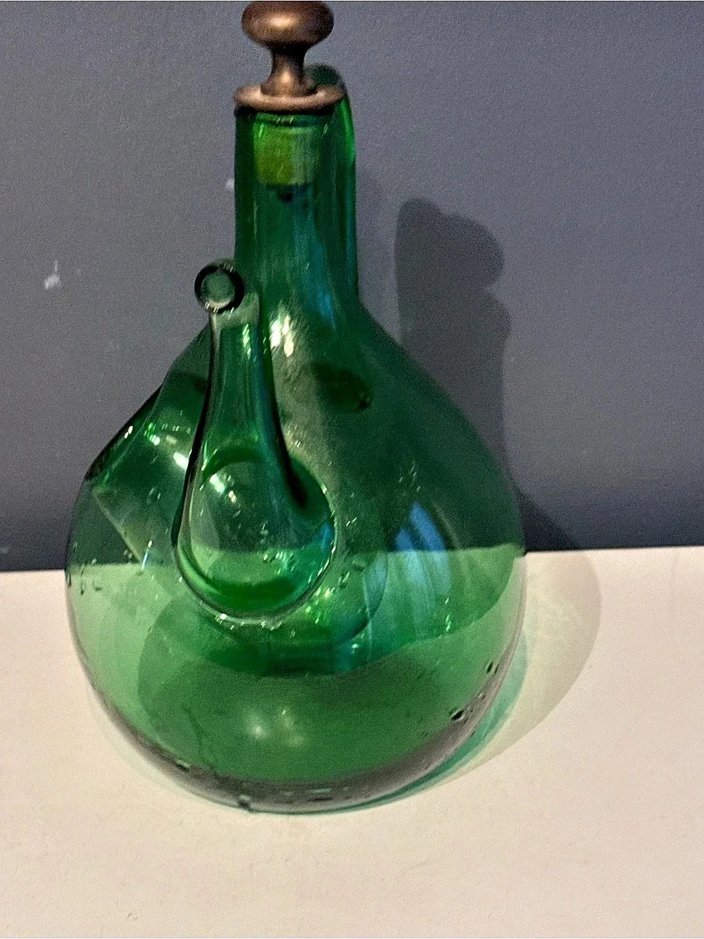 Glass Decanter Green Vintage Italian Hand Blown Mid Century Bar Decor